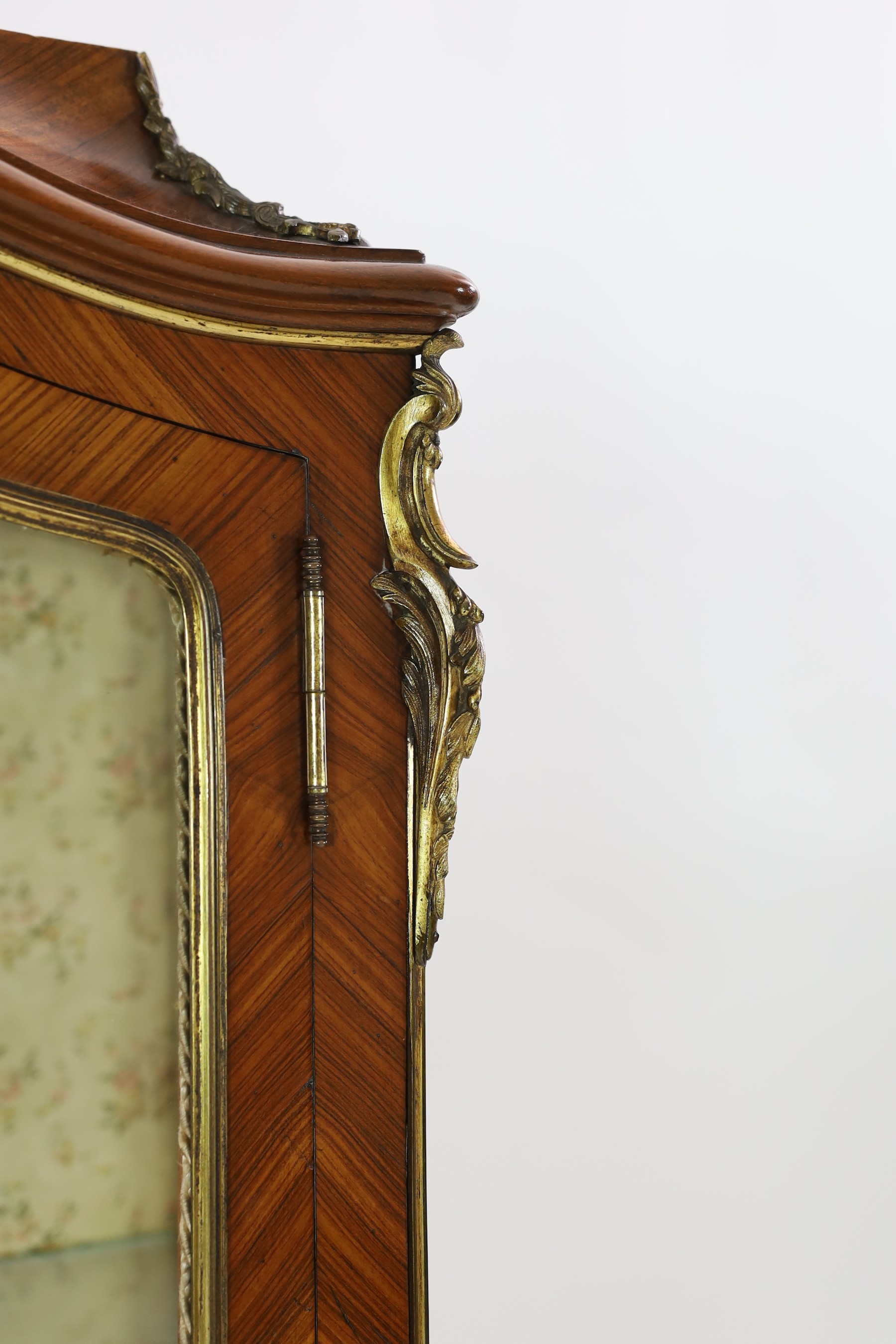 An early 20th century French ormolu mounted kingwood and parquetry vitrine, width 70cm, depth 40cm, height 169cm